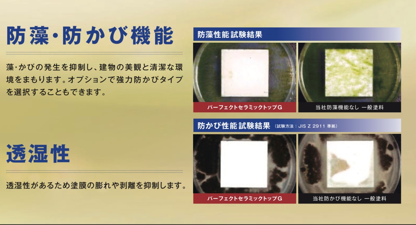 カビ・藻などの発生を抑えくれてお家を長期間、清潔に保ち美観を長期間にわたり維持し環境をまもります。 強力防カビタイプもオプションで選択可能です。・藤原ペイント